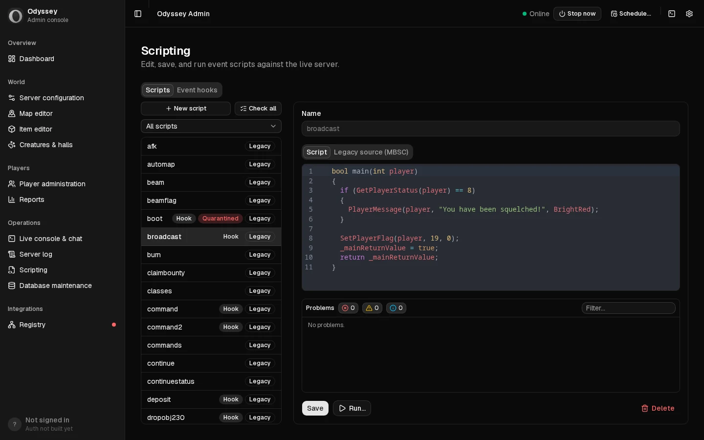 The script editor in Odyssey Server Admin